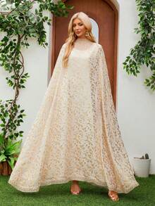 Conjunto Feminino de 2 Peças com Capa Bordada Floral, Kaftan Árabe Modesto de Manga Longa e Comprimento Máxi