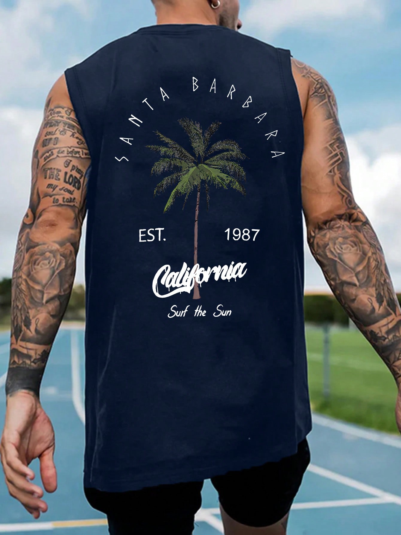 Men's Summer Letter & Palm Tree Print Round Neck Casual Tank Top