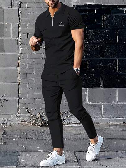 Manfinity Homme Conjunto casual de 2 piezas para hombre de camisa tipo polo con cremallera y mangas cortas con estampado de letra, y pantalón con bolsillo, para verano - Conjunto de 2 piezas negro para hombre