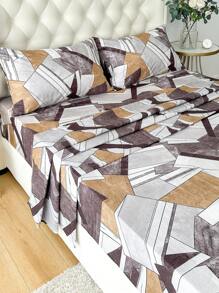4pcs 100% Polyester Geometric Pattern Bedding Set (2 Pillowcases + 1 Bed Sheet + 1 Fitted Sheet), Modern Polyester Bedding Set Suitable For All Seasons - Multicolor - View 5