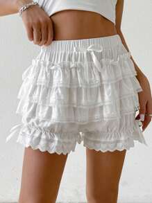 Rina Fox 女士純色蝴蝶結裝飾多層荷葉邊燈籠短褲 - 白色 - 查看 5