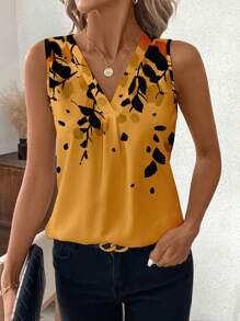 SHEIN Clasi 夏季 V 领全印花无袖女士衬衫，修身款，无袖上衣