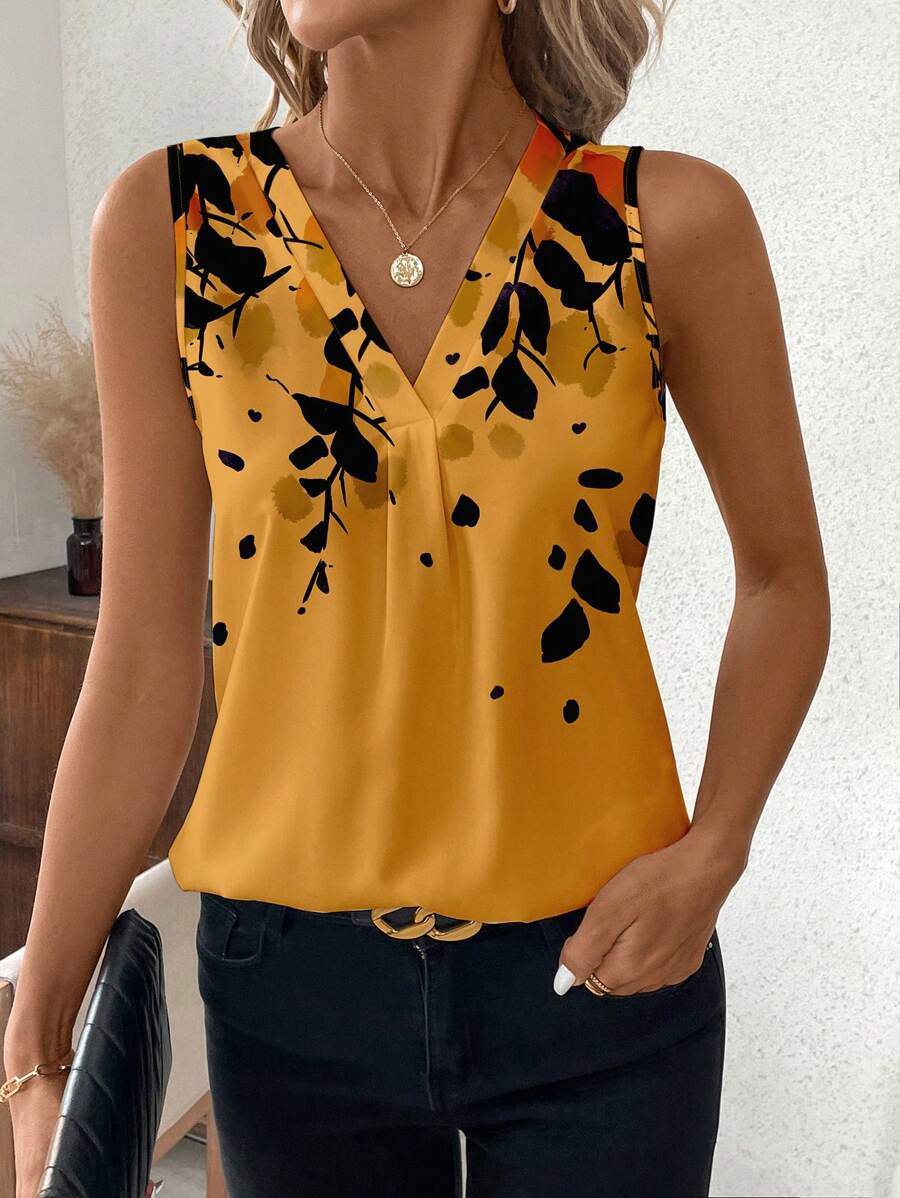 SHEIN Clasi 夏季 V 领全印花无袖女士衬衫，修身款，无袖上衣