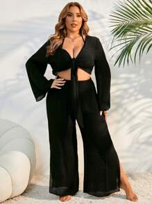 Swim Lushoire Plus Size Women's Plain & Simple Daily Chiffon Kimono Cover Up Summer - Black - View 5
