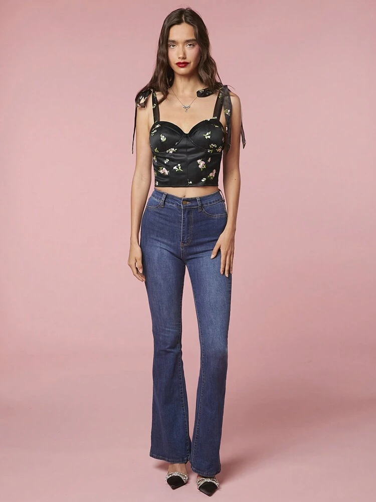 Women's Floral Embroidery Knotted Wide Strap Romantic Summer Tank Top