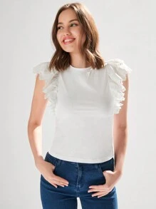Enchnt Women's White Cute Embroidery Solid Color Round Neck Gorgeous Short Ruffle Sleeve Top For Summer - White - View 1