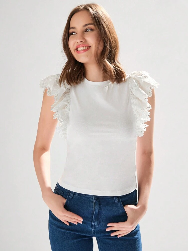Women's White Cute Embroidery Solid Color Round Neck Gorgeous Short Ruffle Sleeve Top For Summer