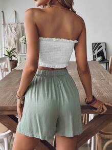 SHEIN Frenchy Sommer Vorderseite Raffung Bandeau & Shorts, 2-teiliges Set, Leinenmaterial, sexy Schleifen Bandeau Bikini Oberteil und hochgeschnittene Shorts Set für Strandurlaub, mintgrüner Mambo Vibe Sommer 2-teiliger Badeanzug