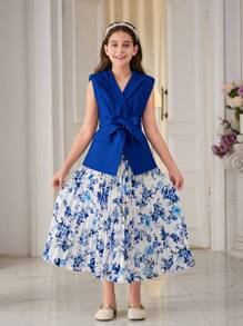 Tween Girl Elegant Spring/Summer Woven Solid Color Top With Ruffle Collar And Pleated Skirt Suit, Commuter Style - Blue - View 7