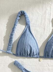 Swim Mod 女士纯色简约褶皱吊带比基尼套装，配有三角形上衣和下装，非常适合夏季度假 - 藍色 - 查看 3