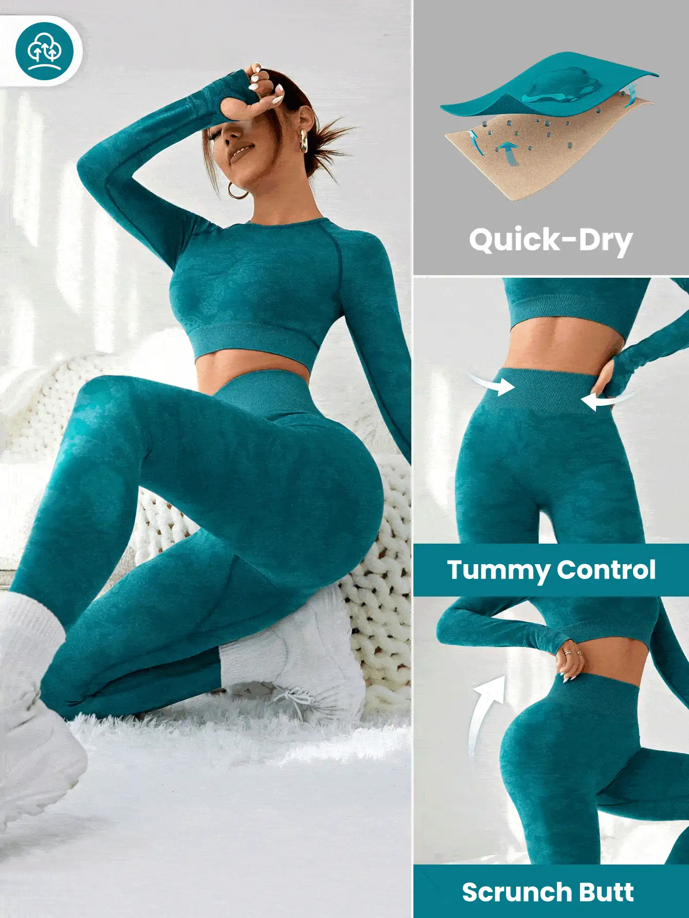 SHEIN Core Rhythm 无缝插肩袖运动套装女士健身套装女士紧身裤套装健身房女士服装 - 綠色 - 查看 5