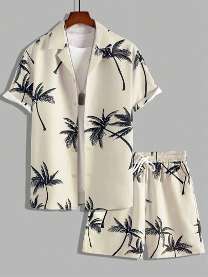 Manfinity RSRT Men Random Palm Tree Print Shirt & Drawstring Waist Shorts Without Tee, Vacation, Cozy Outfits