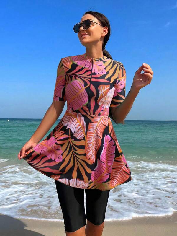 Swim Mulvari Summer Beach Tropical Print Zip Front Top & Short Leggings Swimsuit