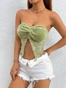 SHEIN PETITE Spring Twist Front Split Hem Tube Green Top ,Petite Women - Green - View 1