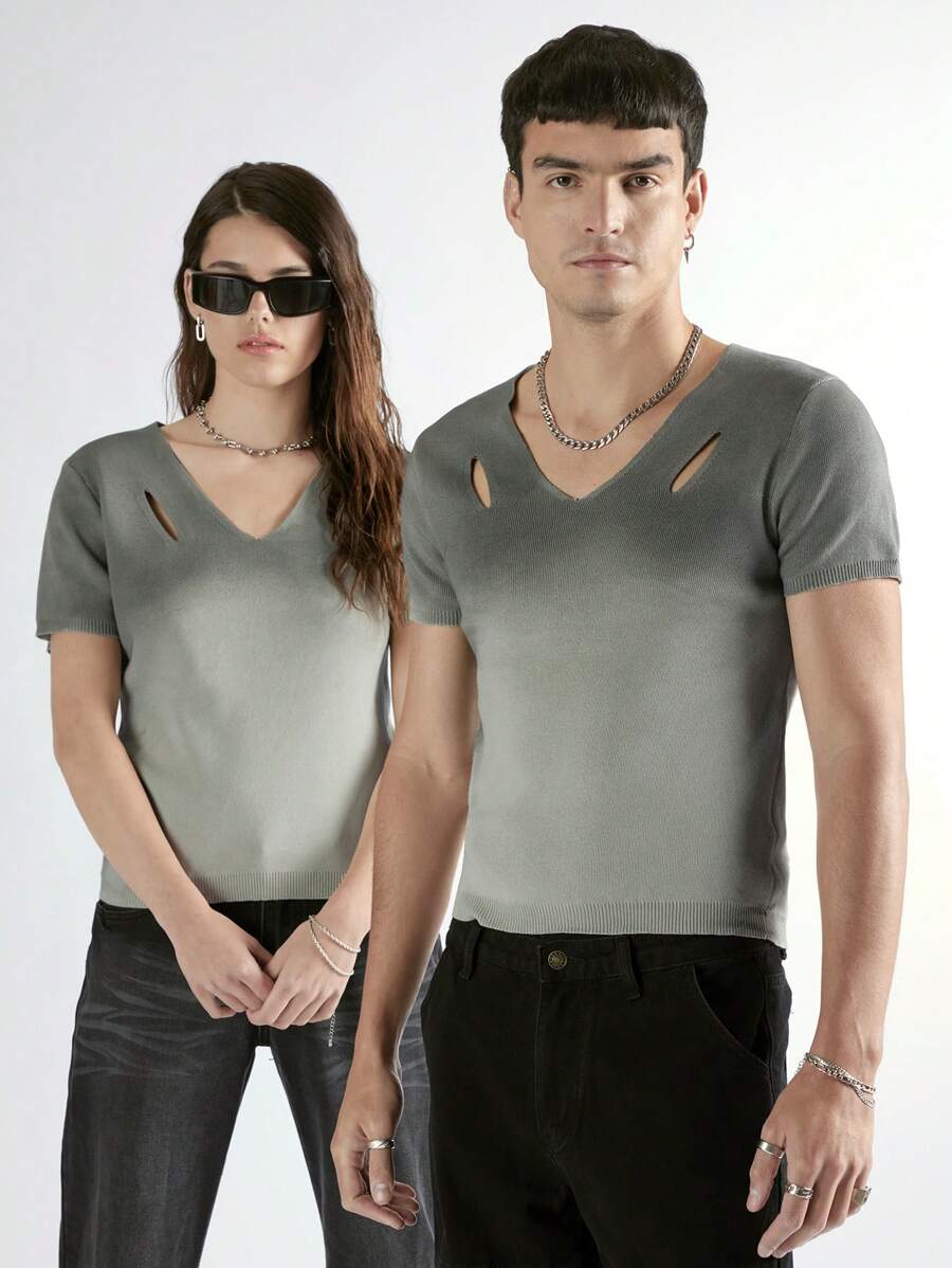 Manfinity Roghcode Manfinity UZERO Men's Boyfriend Gifts Fashion Slim Fit Design Gradient Color Hollow Knit Sweater - Green - View 1