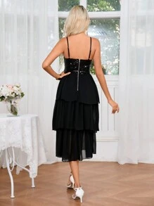 SHEIN Belle Women's Summer Splice Sequin Mesh Ruffle Hem Long Cami Dress For Parties - Black - View 2