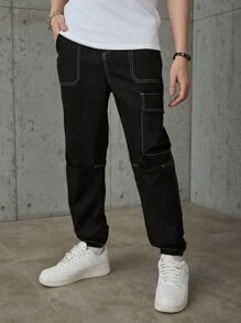 SHEIN Spodnie cargo dla nastolatków dla chłopców z naszywanymi kieszeniami, kontrastowymi szwami i ściągaczem u dołu - Czarne - Zobacz 6
