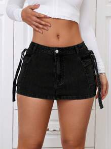 SHEIN ICON 夏季純色牛仔裙，設有口袋，性感風格 - 黑色 - 查看 6