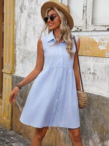 SHEIN LUNE 女式無袖有領條紋襯衫裙-適合老師穿著 - 藍白色 - 查看 5