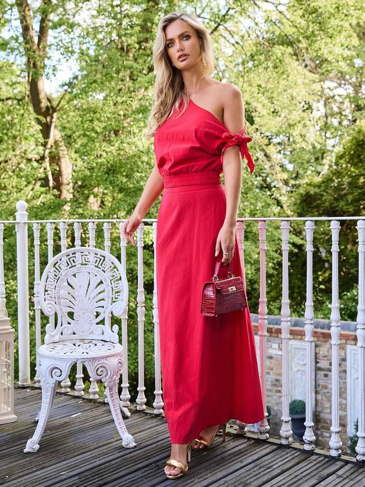 Women's Cherry Red Solid Color Cotton Casual Vacation Midi Skirt For Summer.