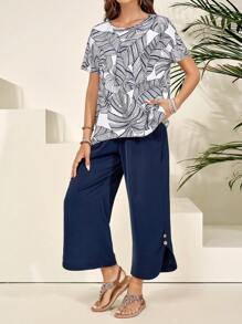 EMERY ROSE Summer Casual Rural Vacation Asymmetrical Short Sleeve Women's 2pcs Set, Versatile - Multicolor - View 1
