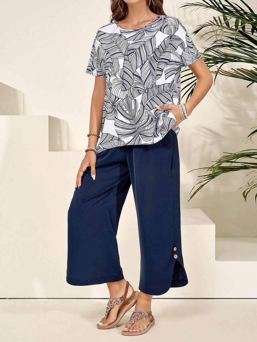 EMERY ROSE Summer Casual Rural Vacation Asymmetrical Short Sleeve Women's 2pcs Set, Versatile - Multicolor - View 1