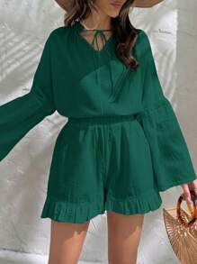 SHEIN Cottnline Women Blouses With Tassels & Shorts With Ruffles - Green - View 6