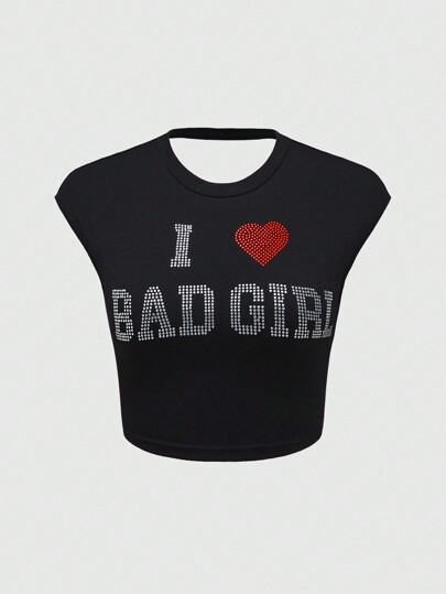 Grunge Punk Maglietta da donna con scritta 'I'm BAD GIRL' con decorazioni di strass, schiena scoperta
