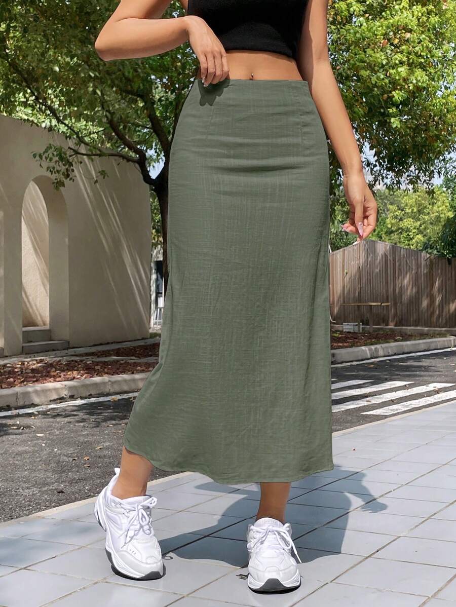 SHEIN EZwear Summer Solid Color Simple Casual Light-Weight Long Skirt - Army Green - View 1