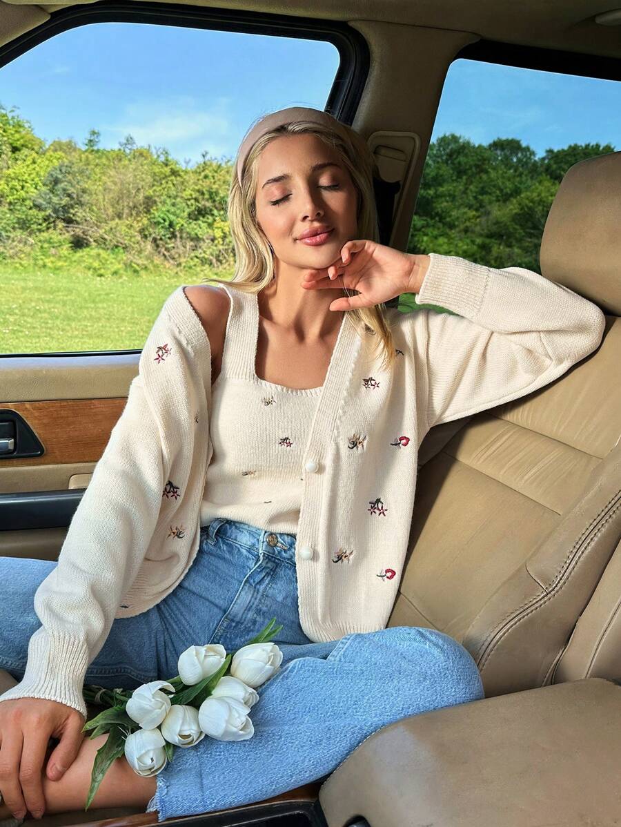 Cloudara Embrodery Flower Detail Cardigans And Embrodery Knit Top Women Sweater Co-Ords - Beige - View 1