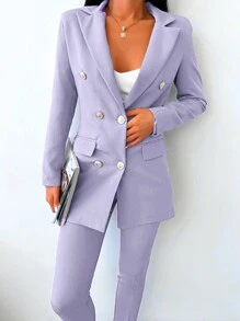 EURMUSE Double Breasted Blazer & Belted Pants - Mauve Purple - View 5