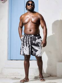 Manfinity Pantaloni corti da spiaggia casuali da vacanza con stampa a righe in clash di colore a stelle e aquila per gli uomini di taglia più