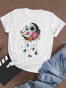 Calvaya Plus Size Women's Summer Short Sleeve T-Shirt With Moon, Stars, And Butterfly Pattern, Round Neck