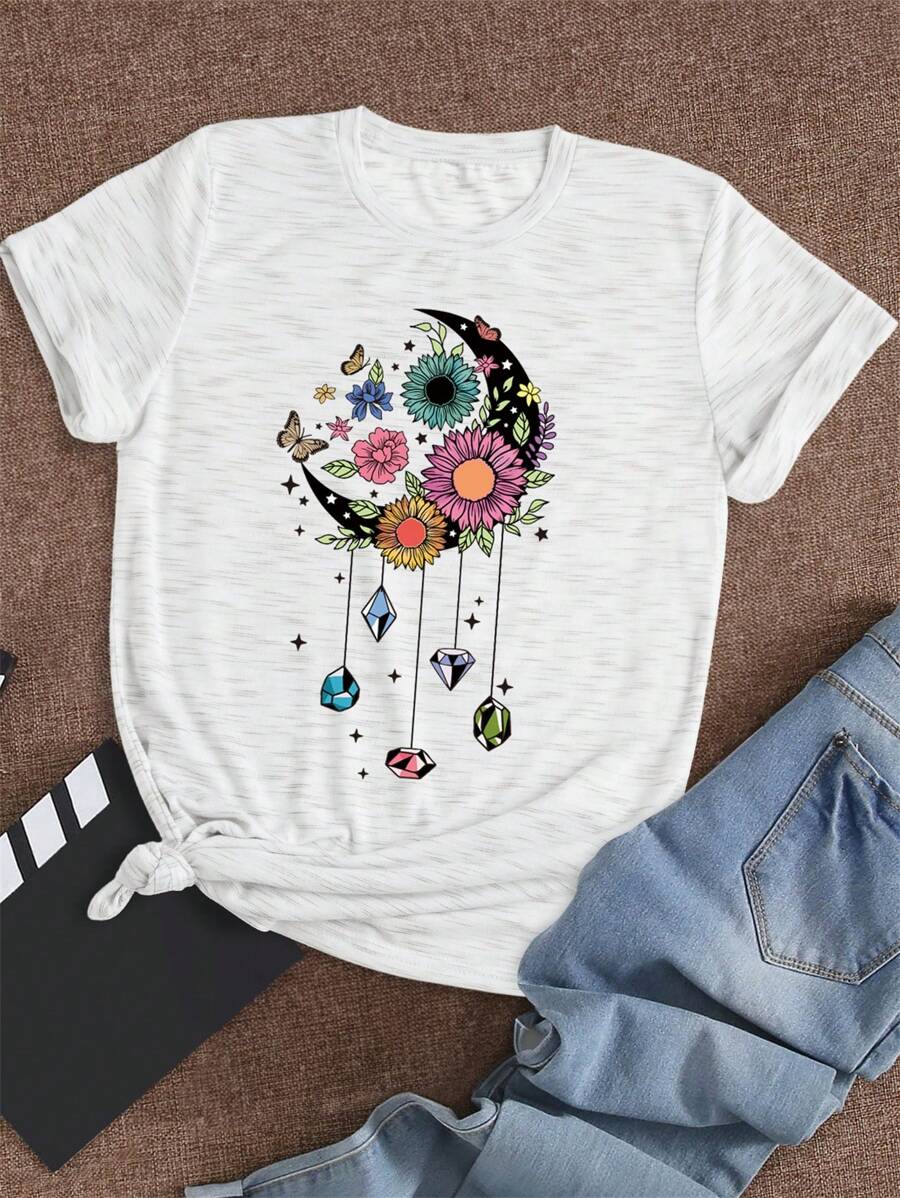 Calvaya Plus Size Women's Summer Short Sleeve T-Shirt With Moon, Stars, And Butterfly Pattern, Round Neck