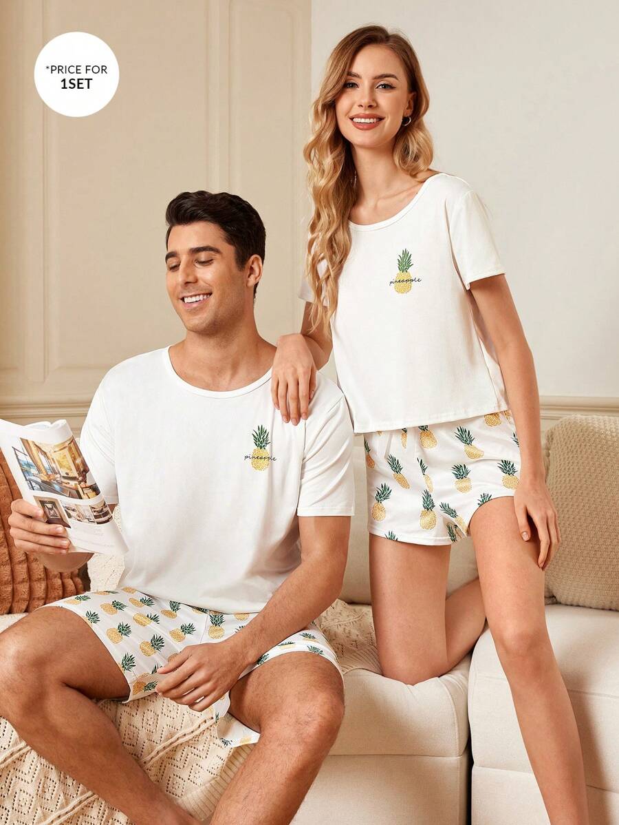 FamilyFrolics Pineapple Printed Men's Casual Pajama Set White Set - White - View 1