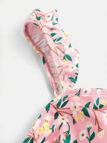 SHEIN Teen Girl Pink Ditsy Floral Mini Flutter Sleeve Bikini With Ruffle Trim And Sarong Cover-Up Set, Ideal For Beach Vacation And Swimming