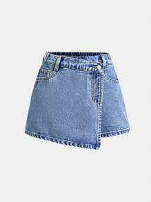 SHEIN Girlism Gonna gonnellino asimmetrica in denim lavato a pietra in stile boho per ragazze pre-adolescenti, set di pantaloncini estivi per ragazze