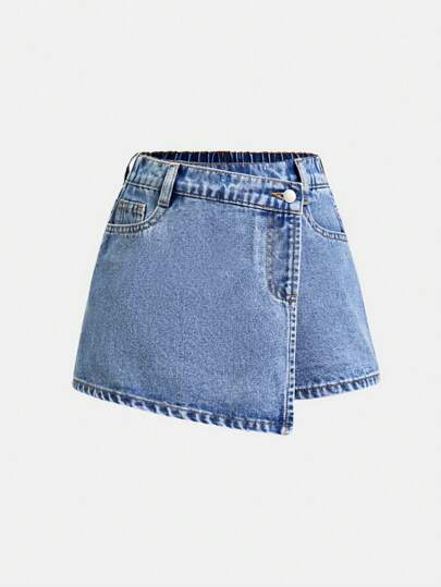 SHEIN Girlism Falda/pantalón corto asimétrico de mezclilla con estampado bohemio lavado a piedra para niñas preadolescentes, conjunto de shorts de verano para niñas