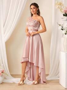 SHEIN Belle 女士優雅短前長後，閃爍花卉刺繡拼接不對稱領禮服，夏季款 - 珊瑚粉 - 查看 5