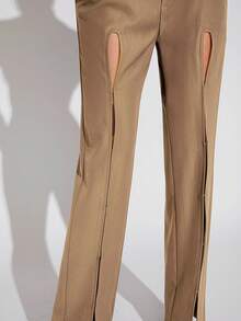 Hauture Conjunto de dos piezas: blazer corto calado y pantalón con abertura - Caqui - Ver 5