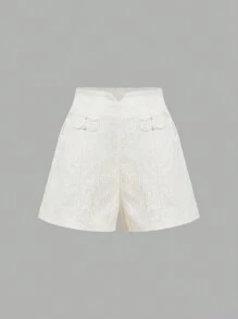 SHEIN MOD Women's Vintage Buckle Decorated High Waist Wide Leg Apricot Shorts,Chinese Style Shorts,Work Shorts - Apricot - View 1
