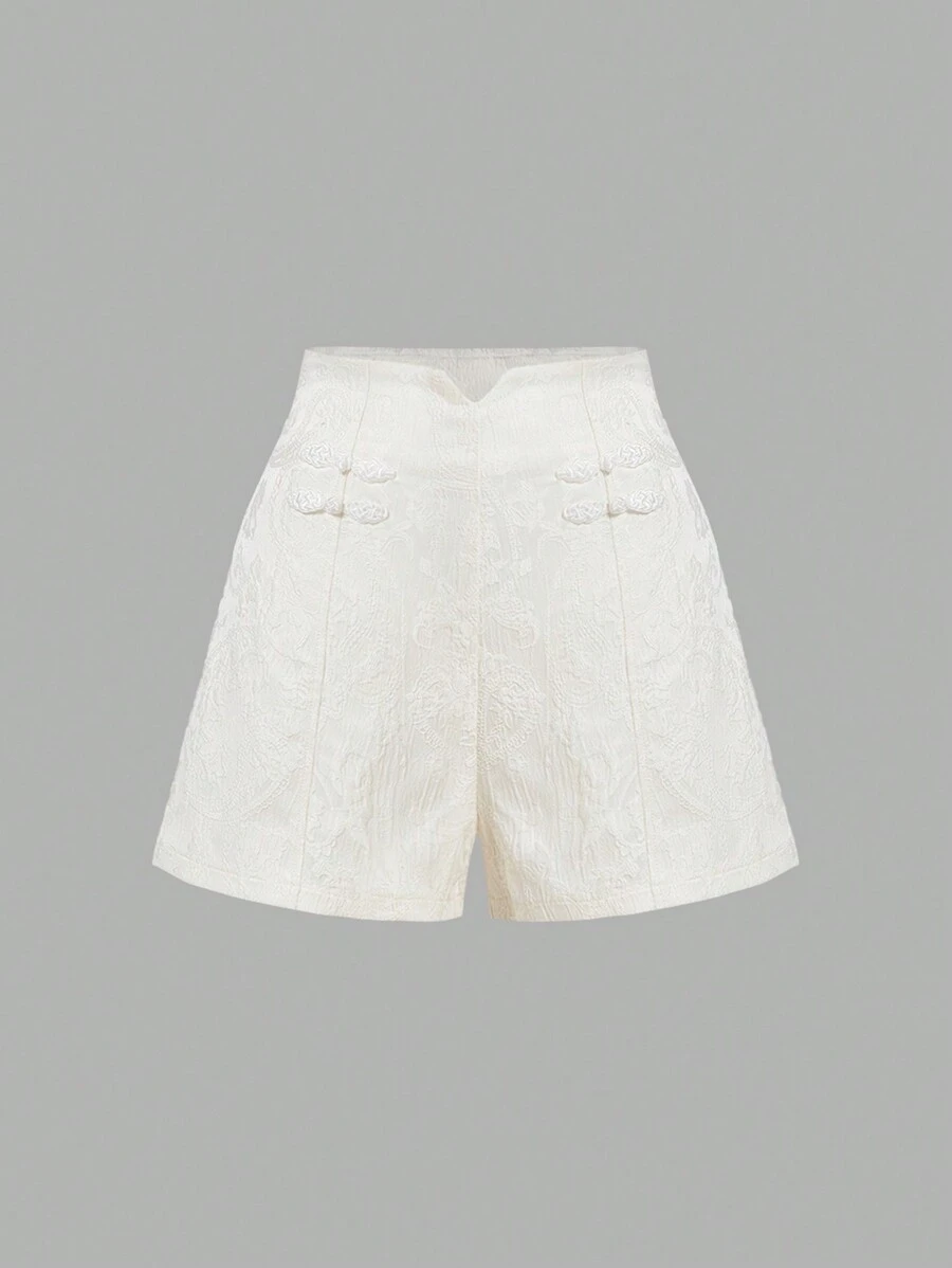 SHEIN MOD Women's Vintage Buckle Decorated High Waist Wide Leg Apricot Shorts,Chinese Style Shorts,Work Shorts - Apricot - View 1