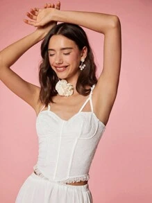 Enchnt Women's Elegant Solid Color Lace Corset Slim Fit Camisole Top, Summer