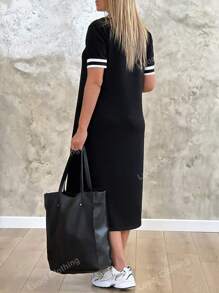 Fashionable Women's Loose & Simple V-Neck Short Sleeve Dress With Slit Hem, Summer