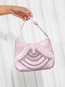 SHEIN ICON Ladies' Fashionable And Unique Y2K Retro Metallic Chain Satin Hobo Bag With Shoulder Strap, Suitable For Parties, Date Nights, Birthdays And Other Occasions, Woven Handbag, Hobo Bag, Fun, Vintage, Y2K Style, Suitable For Personalities Of Sweet And Cool Girls Who Prefer Ballet Style. - Pink - View 2