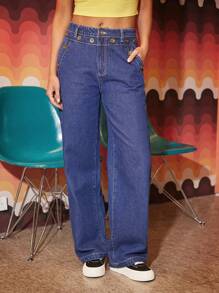 Forever 21 女士時尚純色寬鬆牛仔褲 - 藍色 - 查看 1