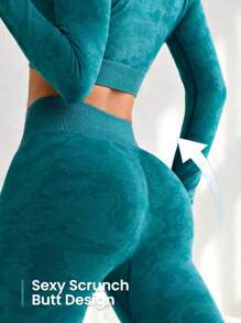 SHEIN Core Rhythm 无缝插肩袖运动套装女士健身套装女士紧身裤套装健身房女士服装 - 綠色 - 查看 3