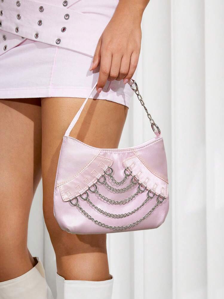 Ladies' Fashionable And Unique Y2K Retro Metallic Chain Satin Hobo Bag With Shoulder Strap, Suitable For Parties, Date Nights, Birthdays And Other Occasions, Woven Handbag, Hobo Bag, Fun, Vintage, Y2K Style, Suitable For Personalities Of Sweet And Cool Girls Who Prefer Ballet Style.