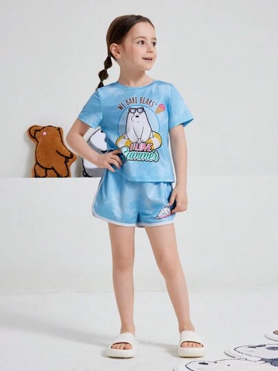 We Bare Bears X SHEIN Young Girl Blue Tie-Dye Polar Bear Ice Cream Cartoon Printed Casual Round Neck Short Sleeve T-Shirt And Shorts PJ Set