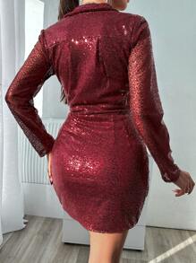 EURMUSE 女士閃亮褶皺包身裙 - 紅色 - 查看 2